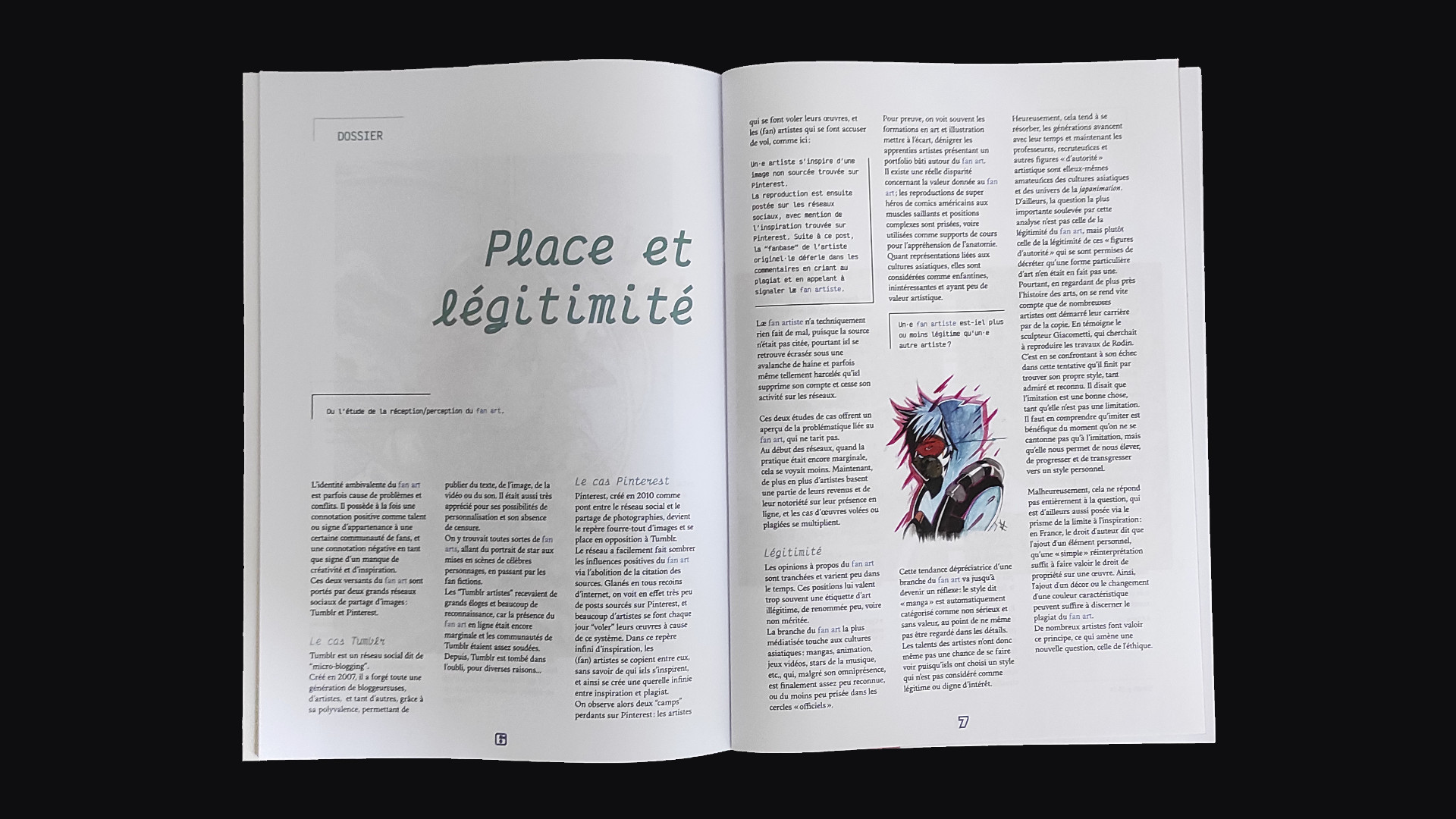 Spread of an article. The title is on the left page and take up half of it. The article is displayed on 3 columns with images inserted.