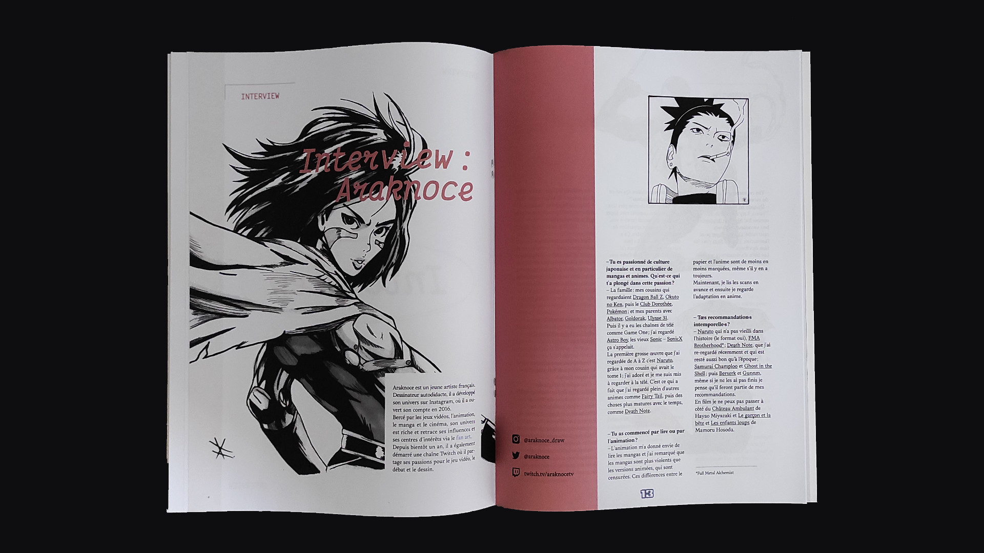 Spread of the interview. The title is on the left page, with a full-page image in the background and a short block of text in the bottom-right corner. The text is displayed on 2 columns here because the first one of the 3 actual columns is filled in pink and contains the social media handles of the artist.