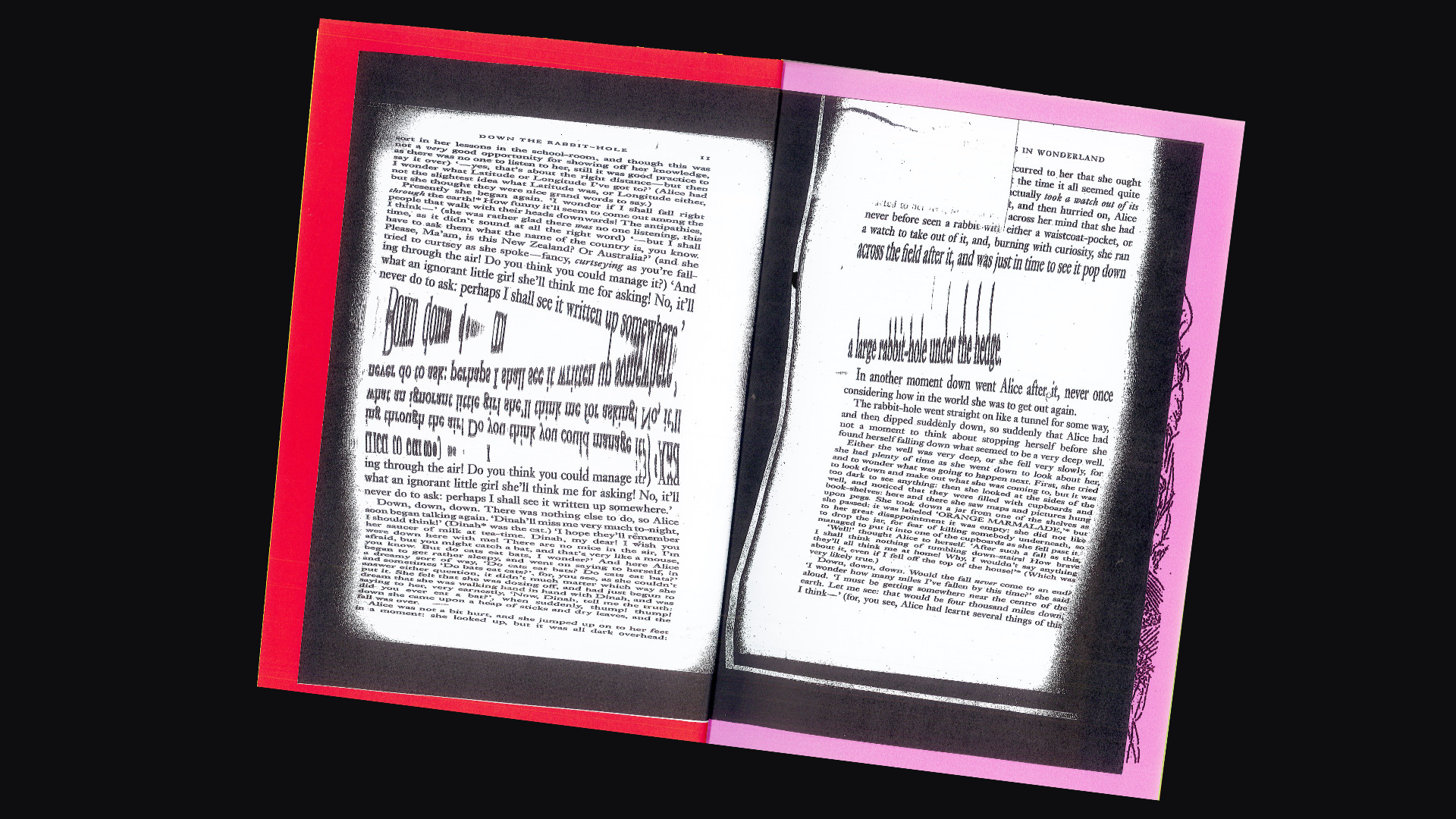The book is open on a spread from the first section (Alice’s fall in the rabbit hole). The text imitates the fall through displacement.