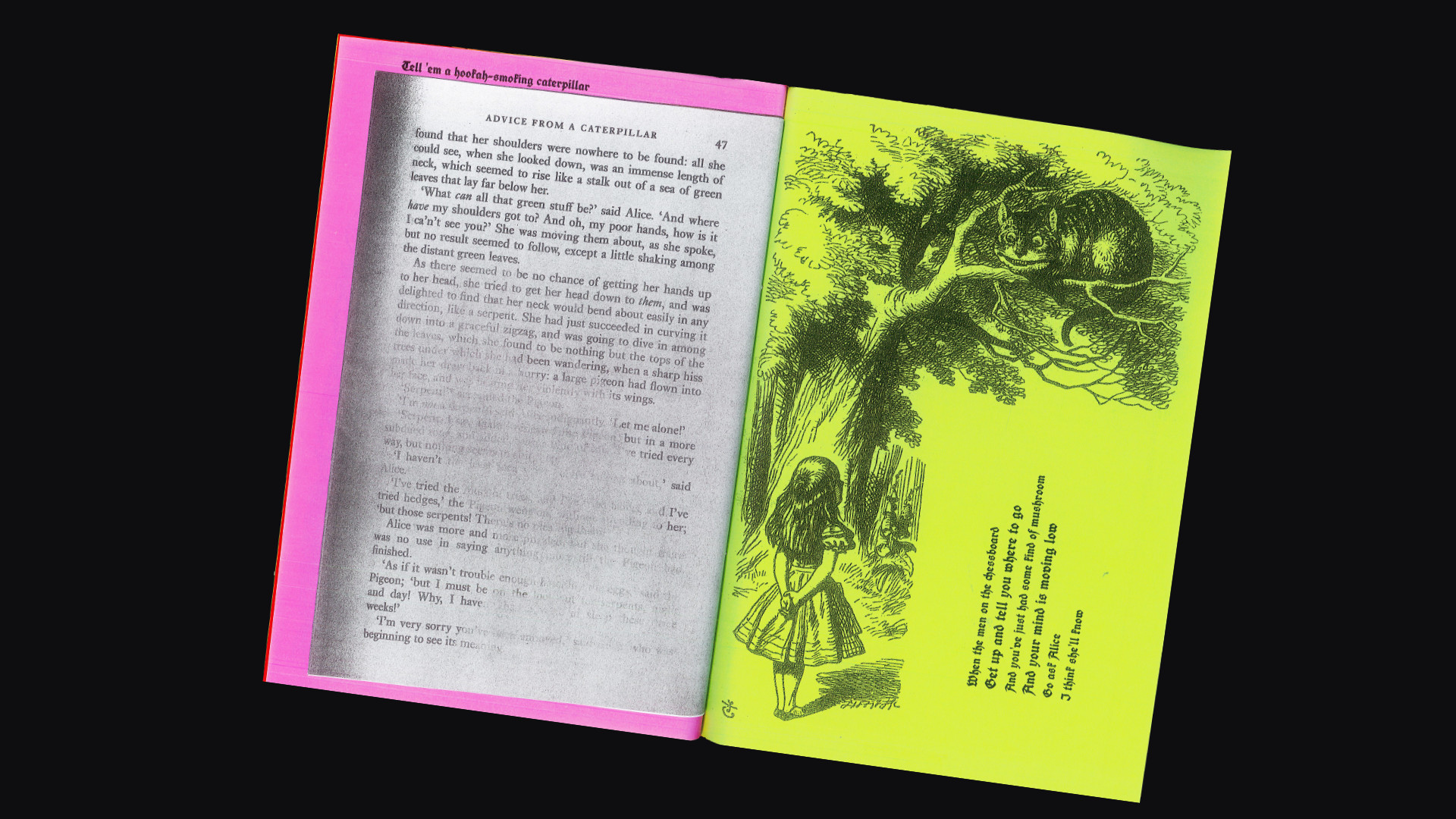 A spread from the third section (encounter with the Cheshire Cat). The text plays with disappearance.