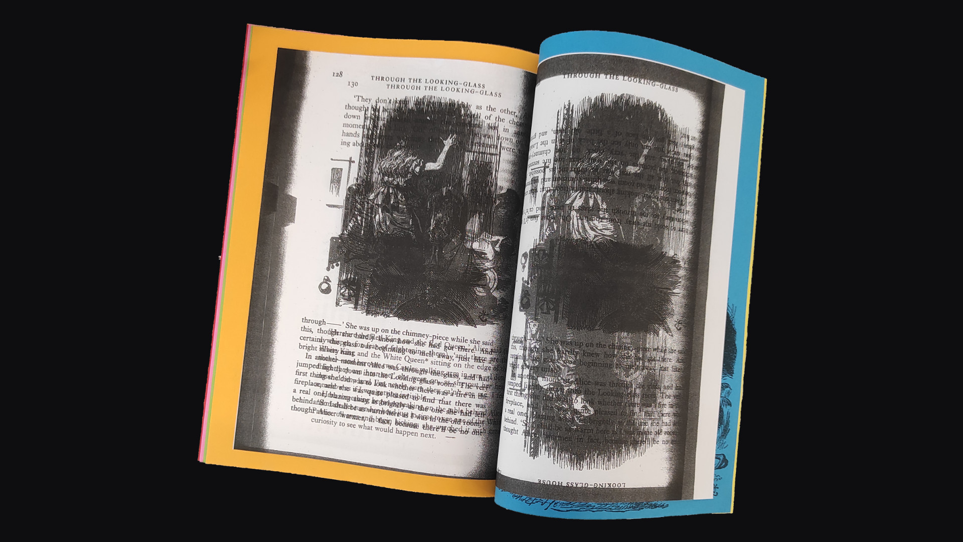A spread from the fourth section (through the looking glass). The text imitates confusion and duplication.