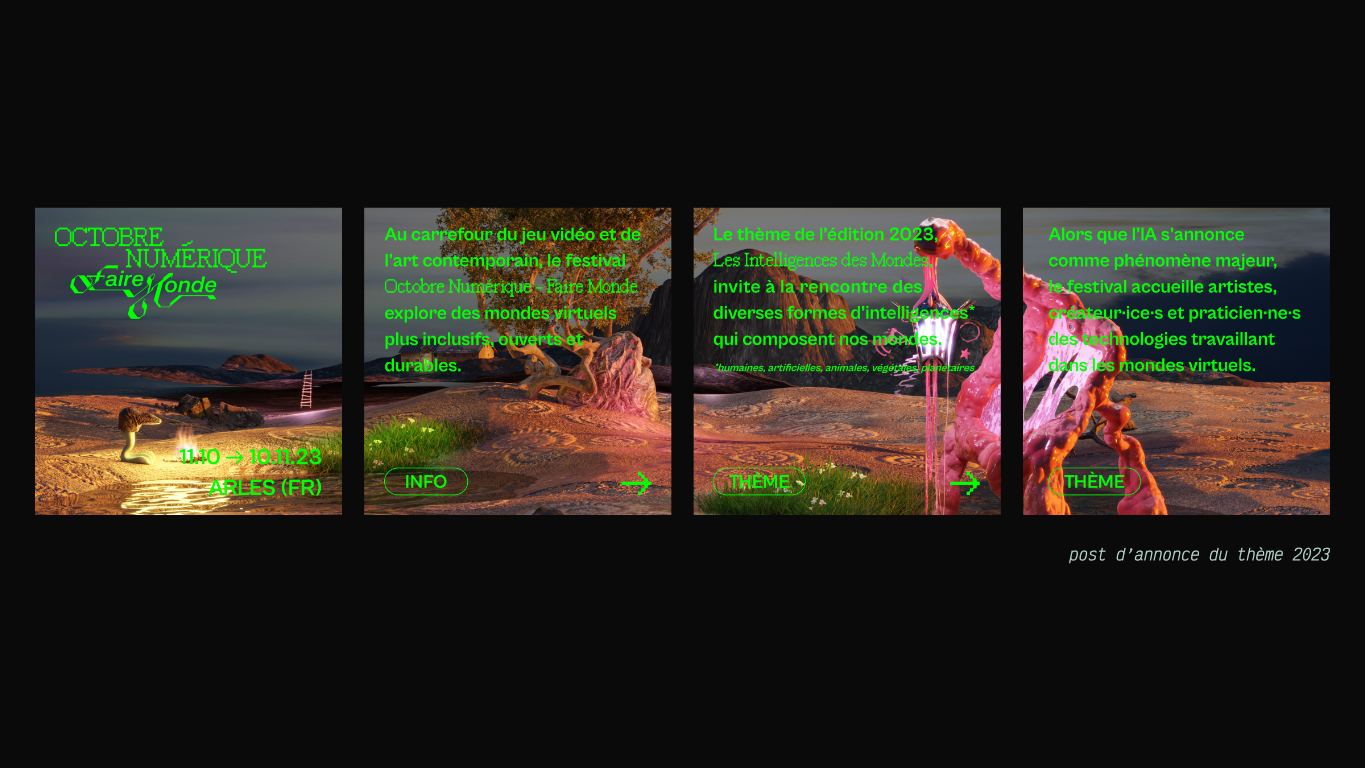 Instagram post for the theme reveal. 4 slides with neon green text on top of images.
